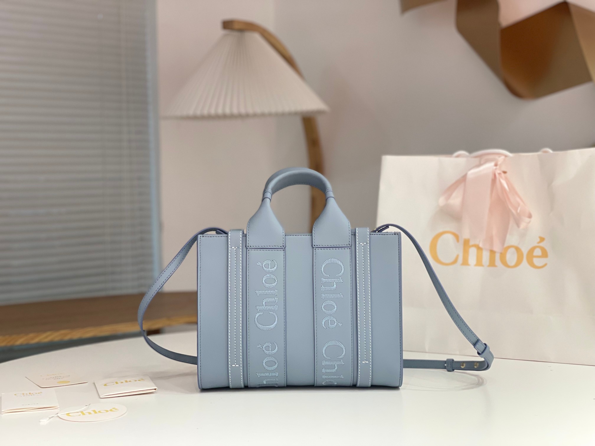 Chloe Small Woody Tote Bag In Light Blue Soft Smooth Calfskin Leather